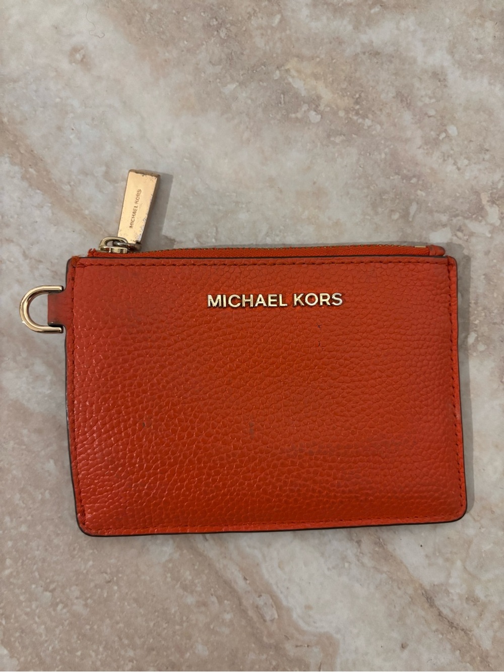 Michael Kors Orange Pebbled Leather Card Wallet with Gold Logo